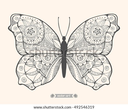 Amazing fly butterfly. Wild insect isolated. Vintage vector. Coloring book page for adult. Creative bohemia concept for wedding invitation card, ticket, branding, logo, label, emblem. Black and white