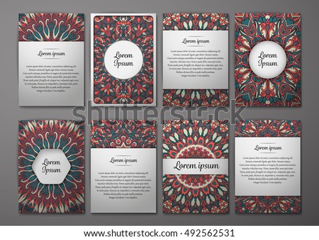 Flyers template set with mandala ornament Vector greeting card design. Front page and back page. Ottoman, arabic, oriental, turkish, indian, pakistan motif.
