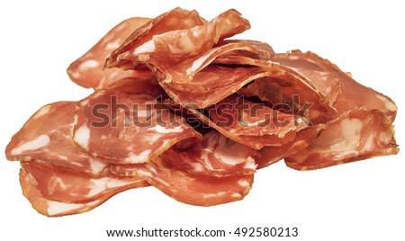 Bunch of gourmet aromatic smoked Pork Salami slices isolated on white background