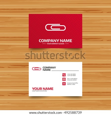 Business card template. Paper clip sign icon. Clip symbol. Phone, globe and pointer icons. Visiting card design. Vector