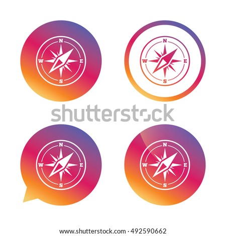 Compass sign icon. Windrose navigation symbol. Gradient buttons with flat icon. Speech bubble sign. Vector