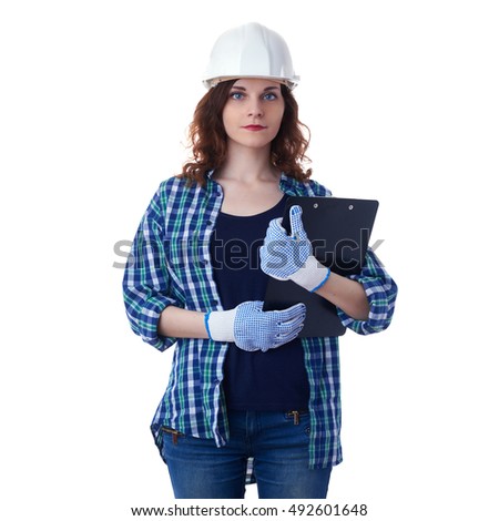 Smiling young woman in casual clothes over white isolated background in white helmet with clipboard, education, construction and architecture concept