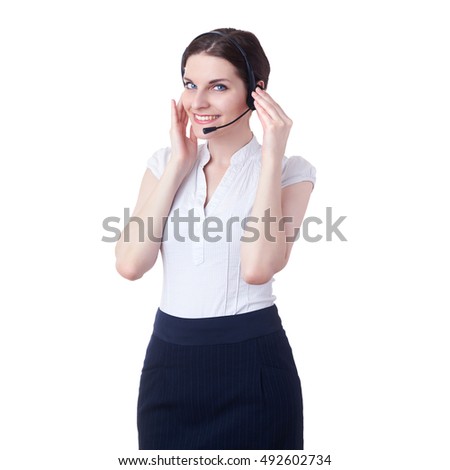 Smiling businesswoman standing over white isolated background with headphones, business, education, communication and call center concept