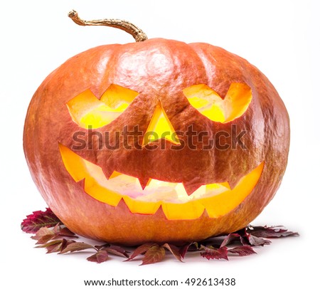 Grinning pumpkin lantern or jack-o'-lantern is one of the symbols of Halloween. Halloween attribute.