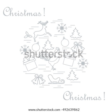 Vector illustration of different new year and christmas symbols arranged in a circle. Winter elements made in line style. 