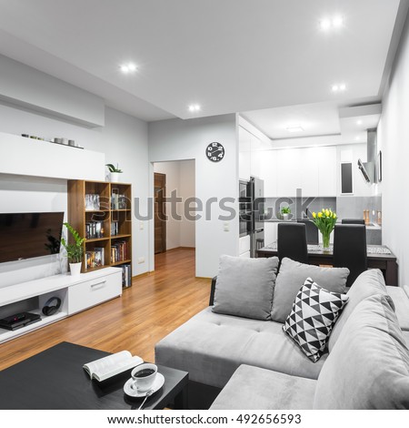 Light and spacious flat in new style with large sofa, dining set and open kitchen Royalty-Free Stock Photo #492656593