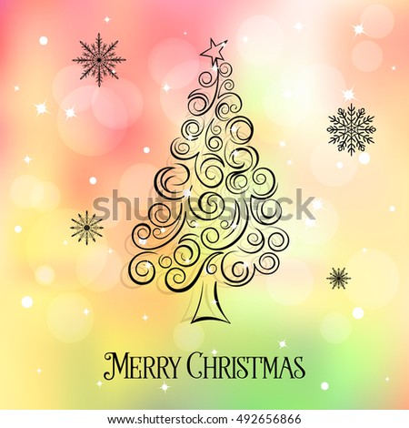 Merry Christmas text and creative flourish christmas tree vector illustration. Holiday xmas poster or postcard. Beautiful christmas background.