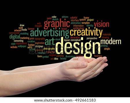Concept conceptual creativity art graphic design visual word cloud in hand  isolated on background metaphor to advertising, decorative, fashion, identity, inspiration, vision, perspective or modeling