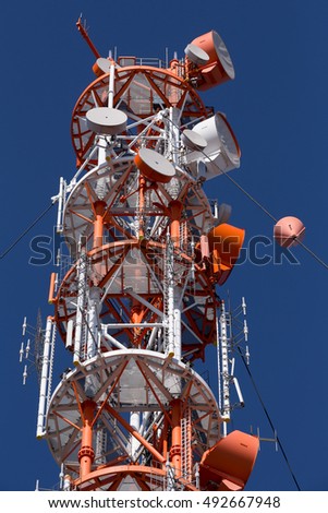 Radio technology tower on the island of Heligoland (Helgoland), North Sea of Germany. Blue sky and sunny day