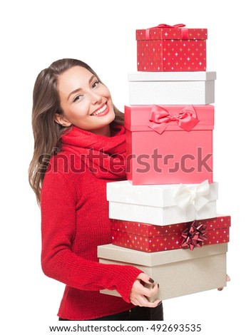 Christmas fun with brunette beauty isolated on white background.