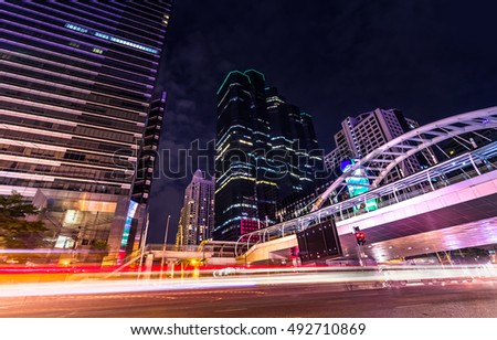 beautiful lighting city scape of skyline office building in heart business capital bangkok thailand this scene photography in important modern sky scraper landmark at dusky time, slow shutter speed