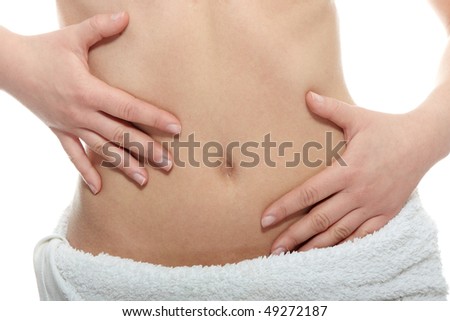 Hand on belly isolated on white background
