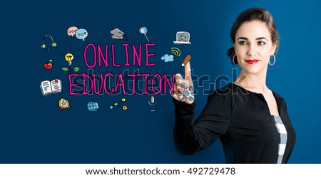 Online Education concept with business woman on a dark blue background