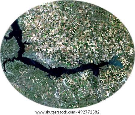 Lake Sakakawea from Landsat satellite. Elements of this image furnished by NASA. Image has been modified