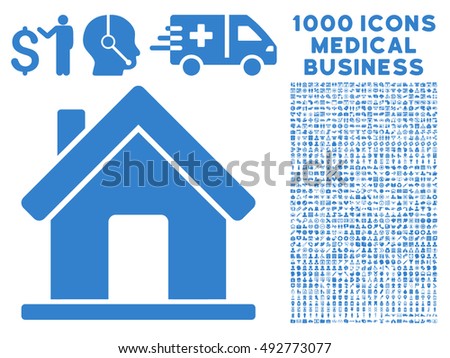 Home icon with 1000 medical commercial cobalt vector pictographs. Collection style is flat symbols, white background.
