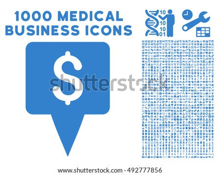 Dollar Map Pointer icon with 1000 medical commercial cobalt vector pictographs. Design style is flat symbols, white background.