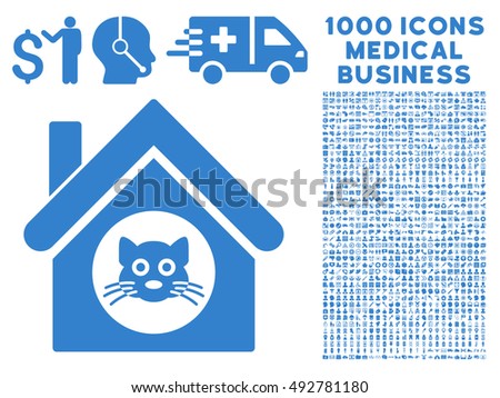 Cat House icon with 1000 medical business cobalt vector pictographs. Design style is flat symbols, white background.