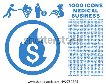 Business Fire Disaster icon with 1000 medical commercial cobalt vector pictograms. Collection style is flat symbols, white background.