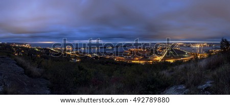 180 Degree Wide Angle Panoramic Cityscape Shot of Duluth, Minnesota and Lake Superior on an Autumn Morning