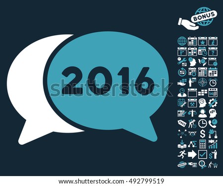 2016 Chat icon with bonus calendar and time management clip art. Vector illustration style is flat iconic bicolor symbols, blue and white colors, dark blue background.
