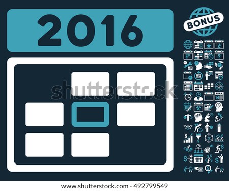 2016 Date pictograph with bonus calendar and time management clip art. Vector illustration style is flat iconic bicolor symbols, blue and white colors, dark blue background.