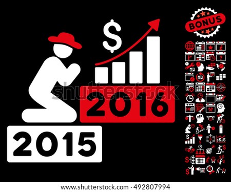 Pray for Money 2016 pictograph with bonus calendar and time management clip art. Vector illustration style is flat iconic bicolor symbols, red and white colors, black background.