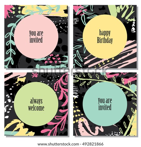 Set of 4 Invitation cards with ink grunge texture in green, yellow and pink color on a black background. Unusual creative poster. Trendy hand made patterns and colors.