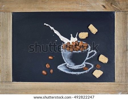 chalk Cup on blackboard with coffee beans, milk and sugar                               