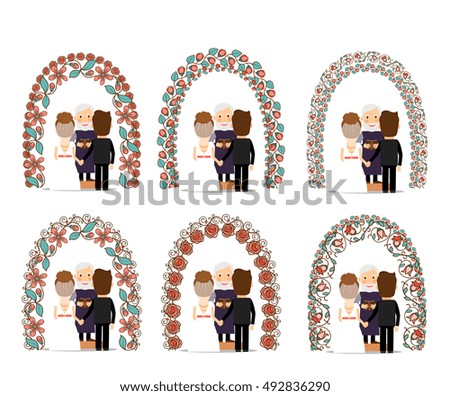 Wedding arch with married couple set. Vector illustration