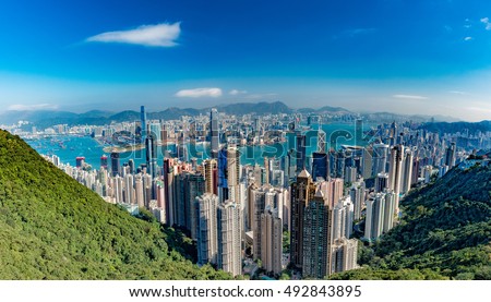 Hong Kong Panorama cityscape from The Peak at sunrise