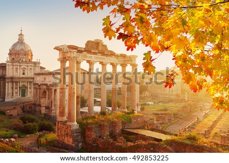 Forum - Roman ruins with cityscape of  Rome with sunrise light at fall day, Rome, capital of Italy Royalty-Free Stock Photo #492853225
