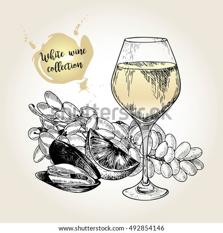 Vector set of white wine collection. Engraved vintage style. Glass, mussel, lime and sultana grape. Isolated on grunge background. Use for restaurant, cafe, store, food, menu design