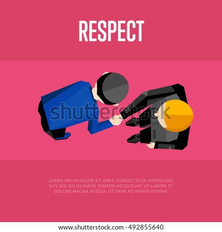 Respect banner, vector illustration. Top view of two businessmen shaking hands isolated on crimson background. People meeting concept. Businessman in full bow. Collaboration and partnership.