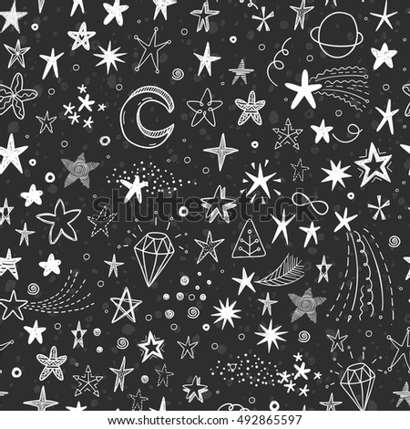 Cute vector background with hand drawn doodle funny stars, comets and moon