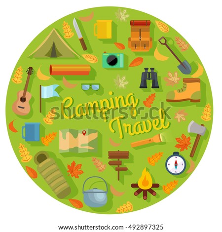 vector set of flat camping touristic icons.Camping vector set with bonfire, tourist tent,  guitar