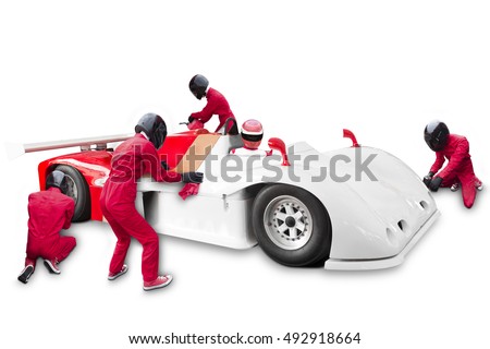  Team maintaining technical service at pit stop for a racing car during competition event isolated on white background