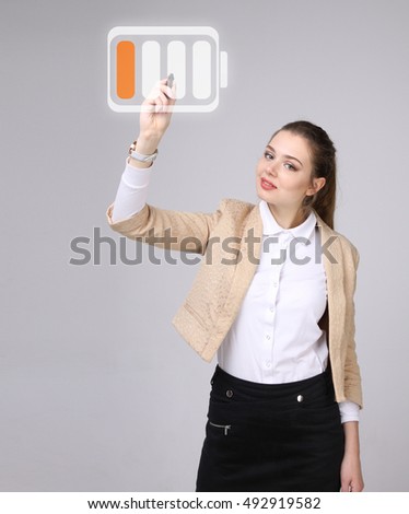 Young Businesswoman and battery level icon