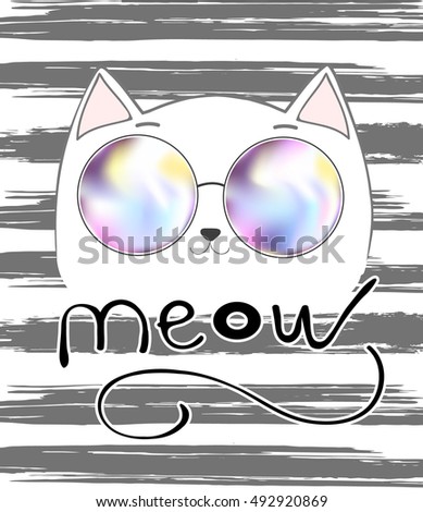 cute cat with colorful glasses and lettering - meow,  graphic illustration vector, T-shirt Print, animal