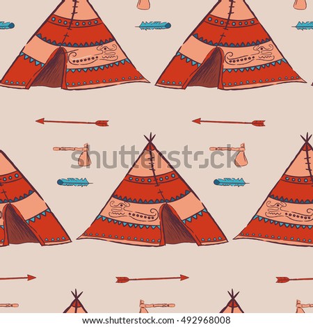 Red wigwam seamless pattern. Hand drawn illustrations wigwam with decorative elements and a set of arrows, feather and tomahawk. Authentic tepee for design card. North American Indian wigwam