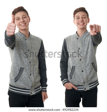 Set of cute teenager boy in gray sweater showing thumb up sing over white isolated background, half body