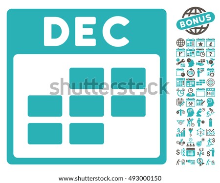 December Calendar Page pictograph with bonus calendar and time management symbols. Vector illustration style is flat iconic bicolor symbols, grey and cyan colors, white background.