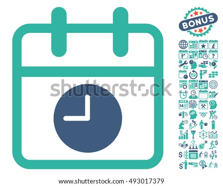 Calendar Page and Time pictograph with bonus calendar and time management clip art. Vector illustration style is flat iconic bicolor symbols, cobalt and cyan colors, white background.