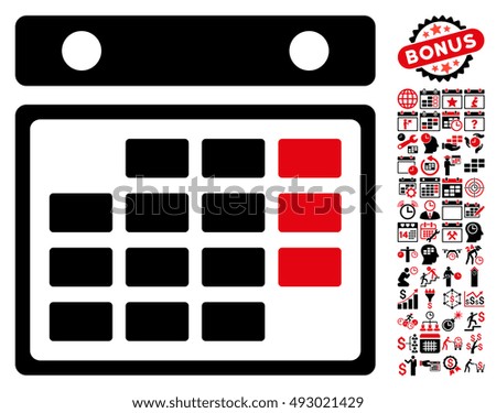 Month Calendar pictograph with bonus calendar and time management clip art. Vector illustration style is flat iconic bicolor symbols, intensive red and black colors, white background.