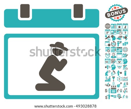 Gentleman Pray Calendar Page pictograph with bonus calendar and time management clip art. Vector illustration style is flat iconic bicolor symbols, grey and cyan colors, white background.