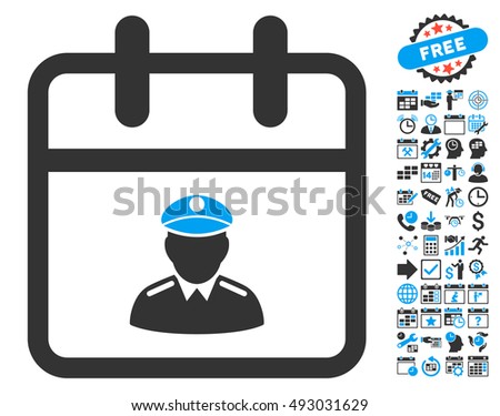 Police Day pictograph with bonus calendar and time management clip art. Vector illustration style is flat iconic bicolor symbols, blue and gray colors, white background.