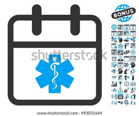 Health Care Day pictograph with bonus calendar and time management pictogram. Vector illustration style is flat iconic bicolor symbols, blue and gray colors, white background.