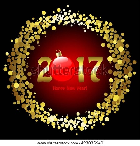 Vector illustration of Gold glitter on a black background. Red christmas toy. Happy New Year 2017!