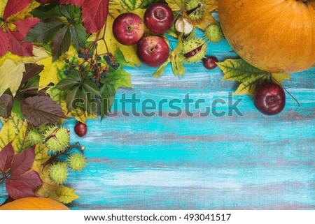 Frame made of autumn leaves, pumpkins, apples, chestnuts and wild grapes on old wooden background. Copy space.