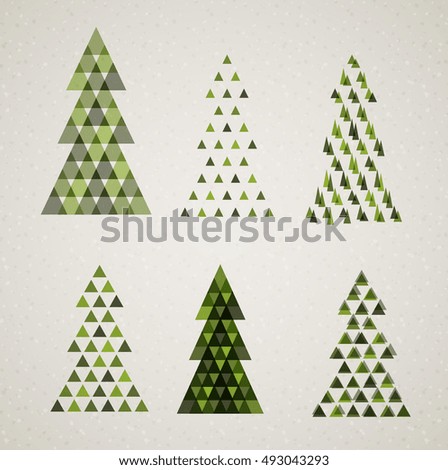 Collection of Vintage retro vector Christmas green trees made from triangles