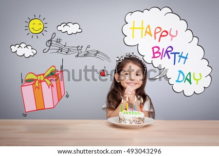 cute girl make a wish on birthday. Happy Birthday background. Greeting background for card, flyer, poster, sign, banner, web, postcard, invitation. Abstract fest background for text, type, quote 